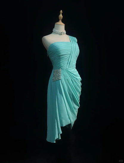 Elegant Tiffany Blue One Shoulder Chiffon Beaded Sheath Cocktail Dress Short Homecoming Dress D3383