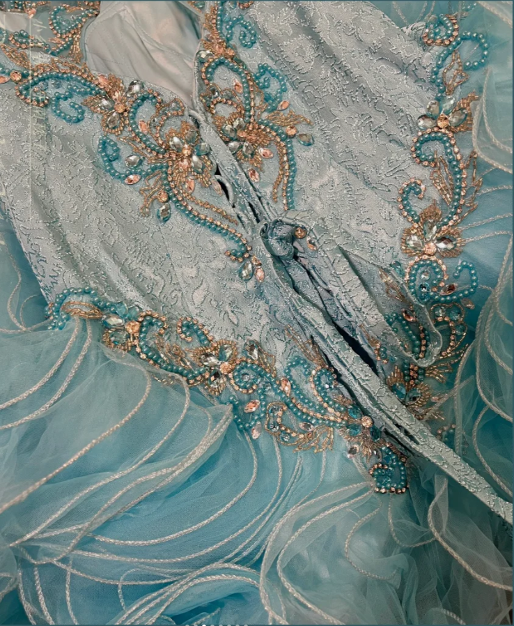 Elegant Blue Tulle Beaded Ruffles Long Ball Gown Formal Birthday Quinceanera Dress With Gloves D21115