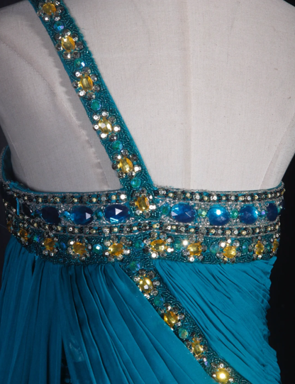 Vintage Blue One Shoulder Satin Beaded Mermaid Evening Dress Long Party Dress With Florals D2288