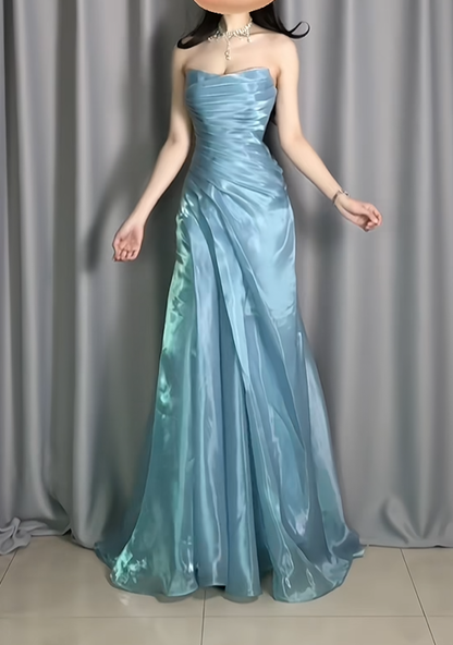 Glamorous Strapless Blue Organza Pleated Mermaid Long Prom Dress Birthday Evening Dresses D2485