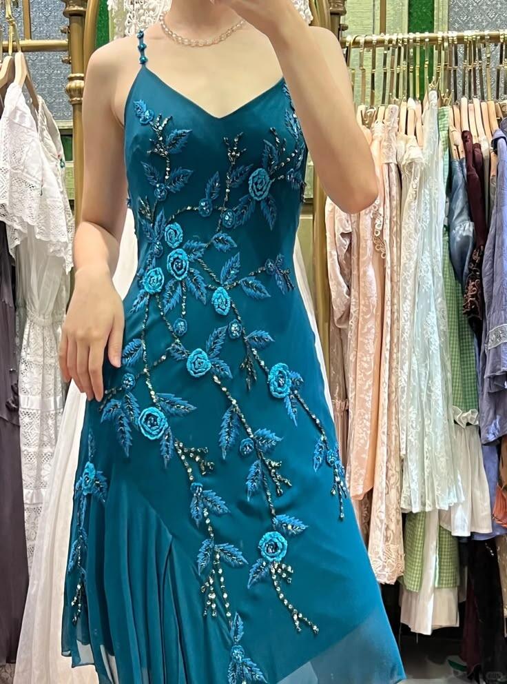 Vintage Peacock Blue Chiffon Beaded Floral Long Party Dress,Spaghetti Straps Mermaid Evening Gown D3478