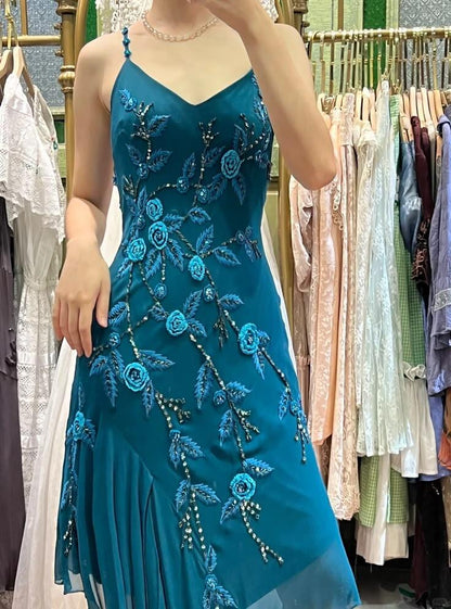 Vintage Peacock Blue Chiffon Beaded Floral Long Party Dress,Spaghetti Straps Mermaid Evening Gown D3478