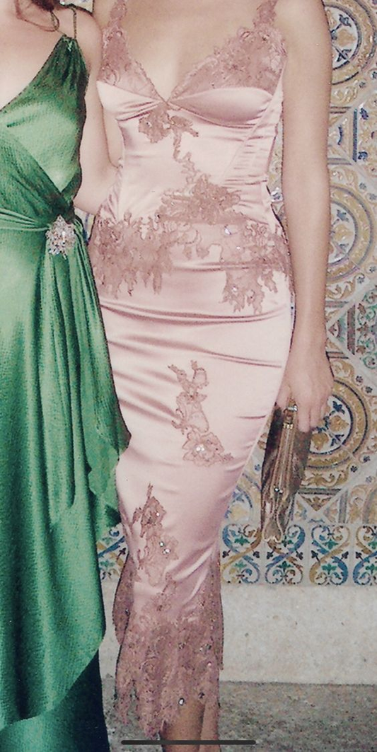 Pretty V Neck Pink Satin Lace Beaded Party Dress Long Mermaid Prom Gown D1568