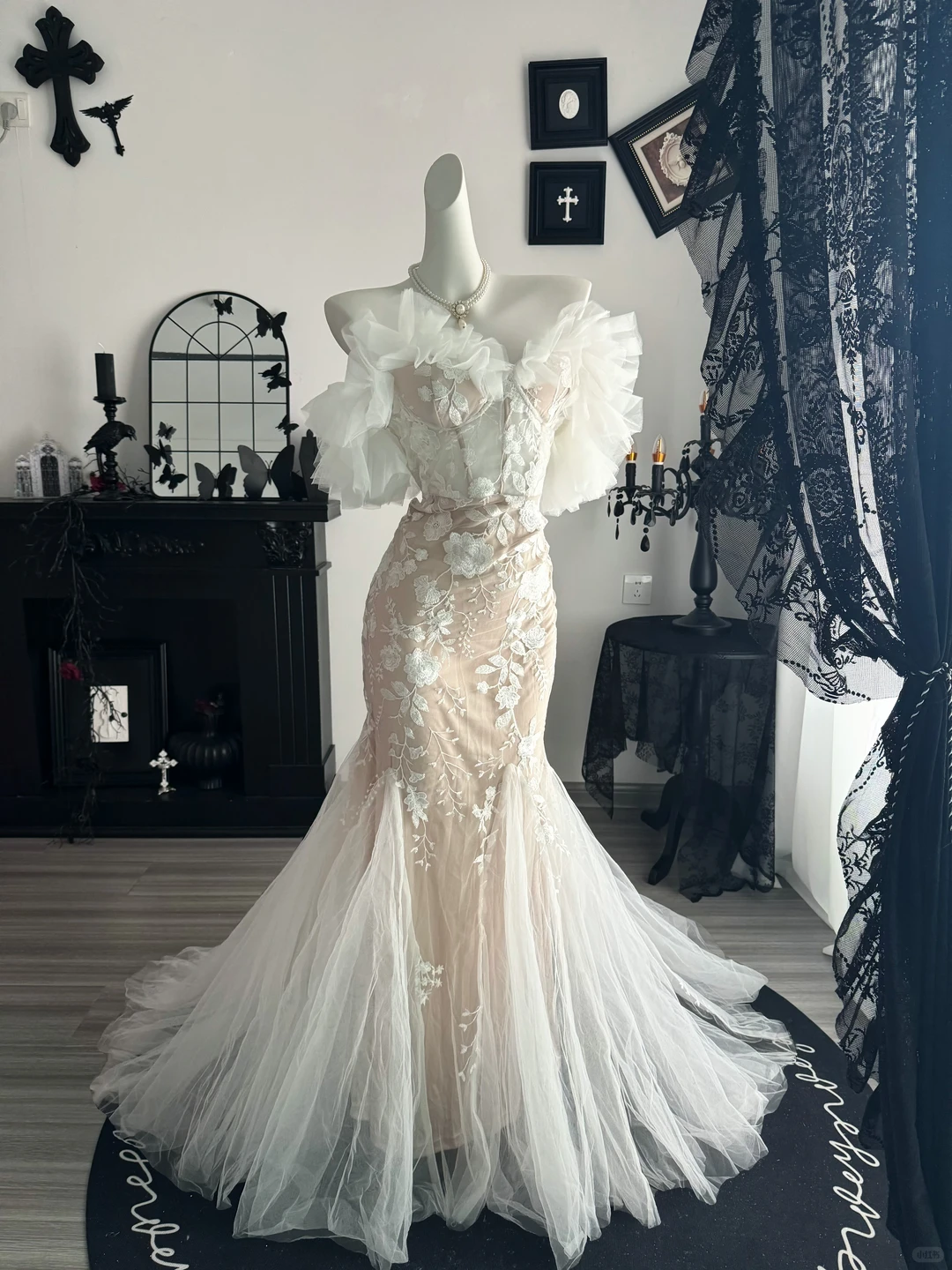 Classy Champagne Off The Shoulder Tulle Floral Mermaid Long Party Dress Evening Gown D3717