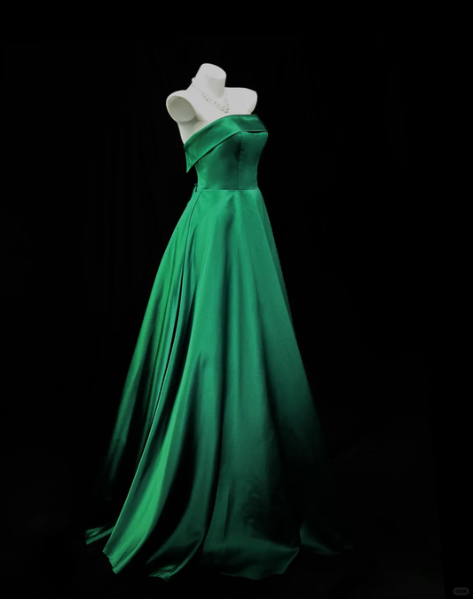 Vintage Strapless Satin A Line Long Wedding Guest Dress Green Birthday Evening Dress Prom Gowns D2518