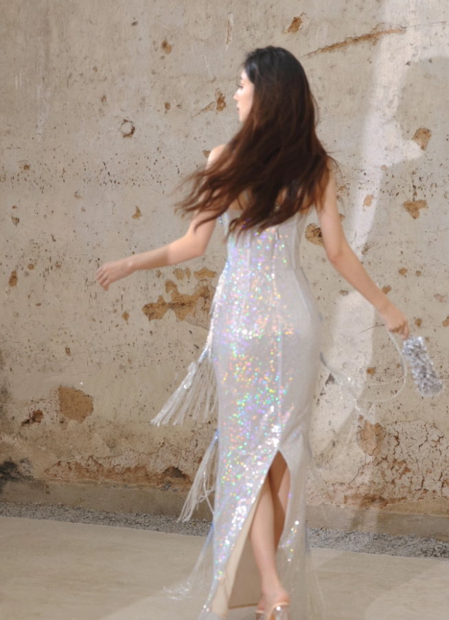 Glitter Spaghetti Straps Sequin Beaded Mermaid Long Evening Dress Birthday Prom Dress With Tassel D2407