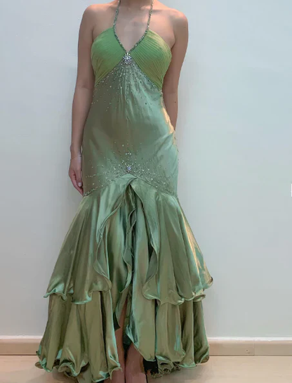 Vintage Sage Green Halter V Neck Satin Beaded Mermaid Prom Dress Long Evening Dress D1283