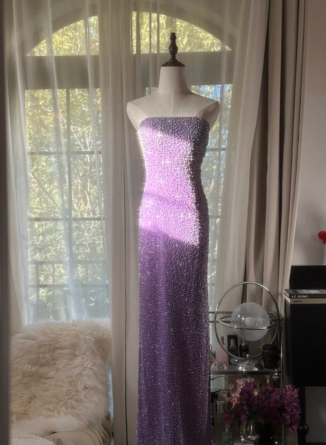 Glamorous Strapless Purple Chiffon Beaded Sheath Slit Prom Dress Long Party Gown D2297