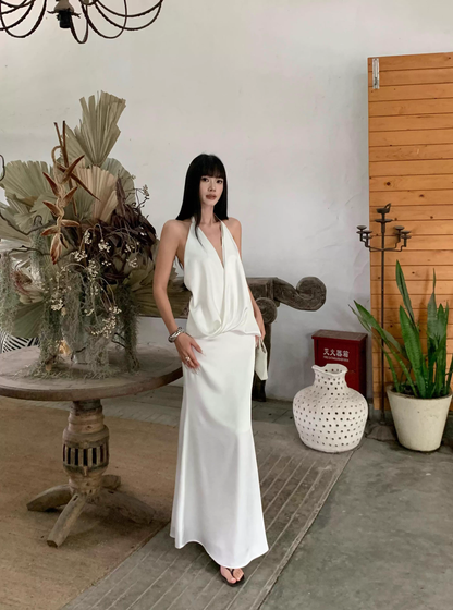 Sexy Halter V Neck White A Line Long Party Dress Formal Backless Evening Gown D2123