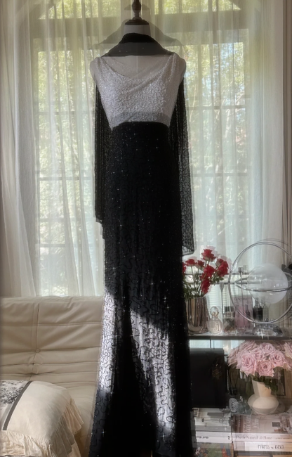 Elegant V Neck Black Chiffon Beaded Mermaid Evening Dress Long Birthday Party Gown With Scarf D2300