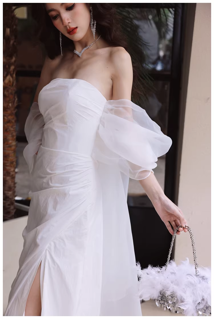 Classy Off The Shoulder White Satin Slit Mermaid Long Party Dress Birthday Evening Dress D2421