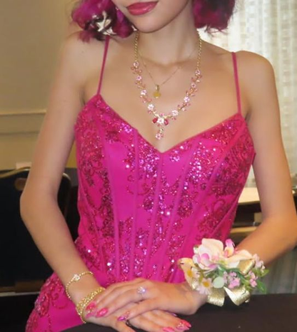 Charming Spaghetti Straps V Neck Satin Lace Sequin Evening Dress Hot Pink Mermaid Party Gowns D899