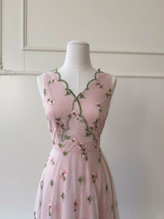 Charming Pink Sleeveless Tulle Embroidered Floral A Line Long Evening Dress Party Dress D2986