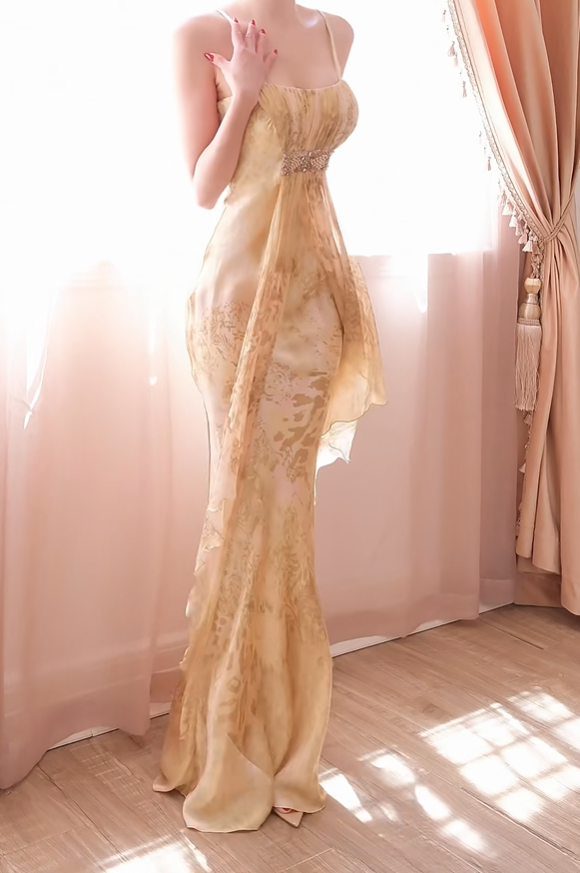 Classy Spaghetti Straps Chiffon Print Floral Mermaid Long Party Dress Evening Dress D2749
