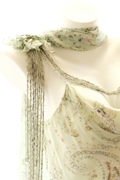 Elegant Spaghetti Straps Chiffon Beaded Ruffle Mermaid Evening Dress Mint Green Long Prom Dresses D2713