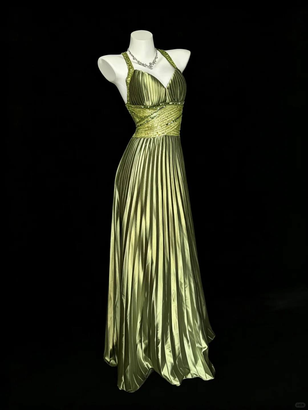 Elegant Sage Green Satin Pleated Beaded Party Dress V Neck Long Evening Dress D5261