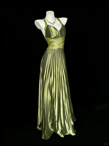 Elegant Sage Green Satin Pleated Beaded Party Dress V Neck Long Evening Dress D5261