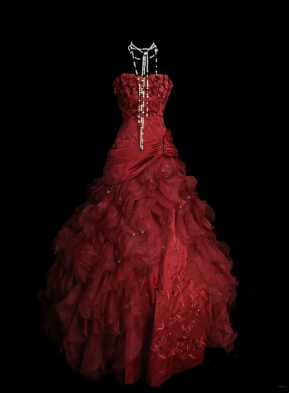 Ball Gown Strapless Burgundy Sleeveless With Applique Women's Dress Satin Long Quinceanera Dresses Sweet 16 Birthday Dresses D4262