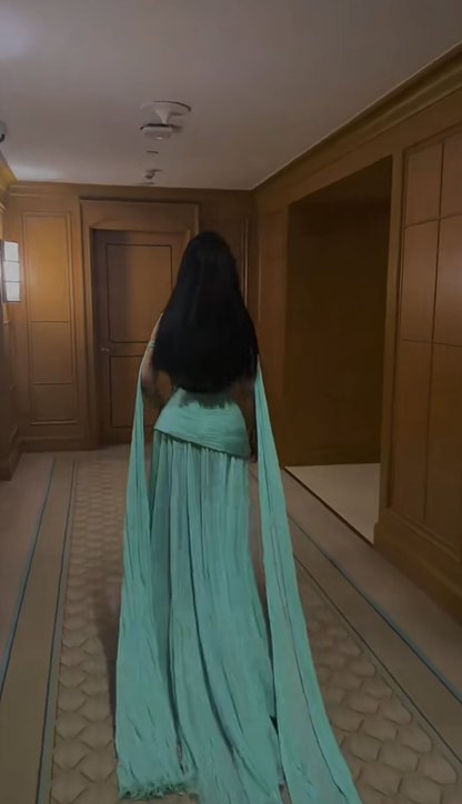 Elegant Sleeveless Green Chiffon Pleated Long Party Dress Formal Long wedding Guest Dress D4826