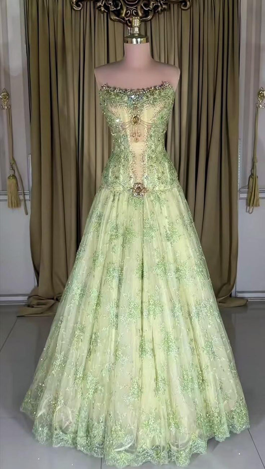Charming Light Green Lace Beaded Long Prom Dress,Strapless Long Evening Dress D4324