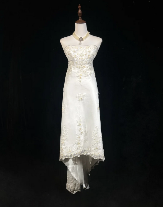 Pretty Strapless White Tulle Lace Beaded Mermaid Long Party Dress Evening Gown D2066