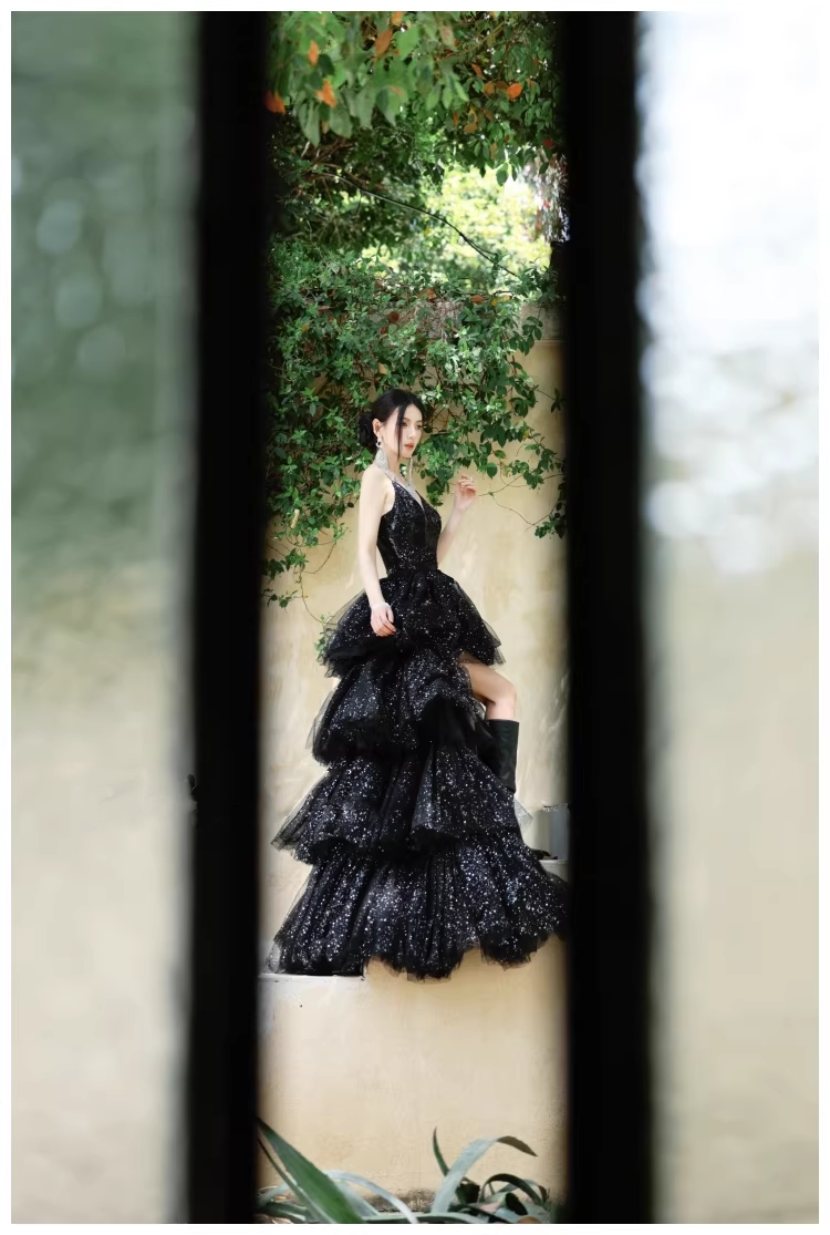 Sparky Black Spaghetti Straps Tulle Sequin Layered Long Birthday Evening Dress Party Dress D2427