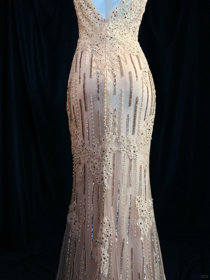 Classy V Neck Apricot Pink Sequin Beaded Mermaid Long Party Dress Evening Dress With Appliques D2516