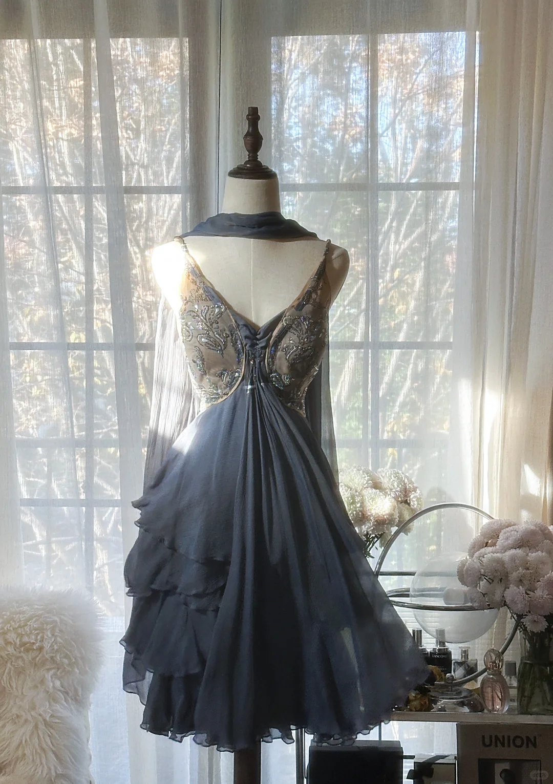 Stylish Spaghetti Straps V Neck Chiffon Sequin Cocktail Dress Blue Short Birthday Outfits Homecoming Dress S730