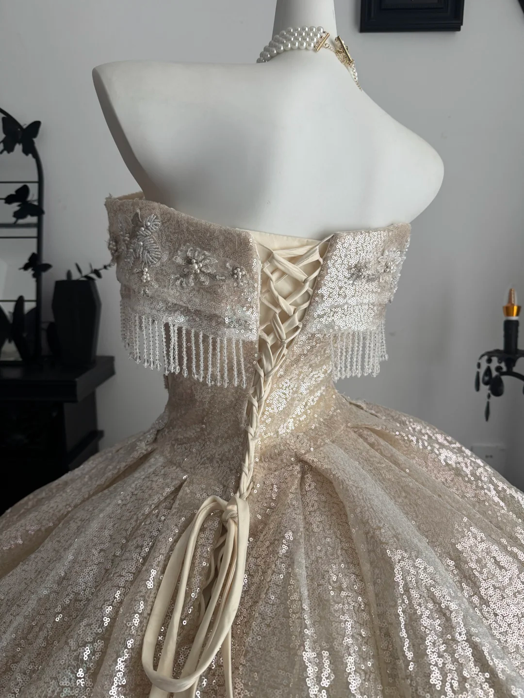 Sparkly Light Champagne Sequin Beaded Floral Sweet 15 Dress,Off The Shoulder Quinceanera Dress D3711