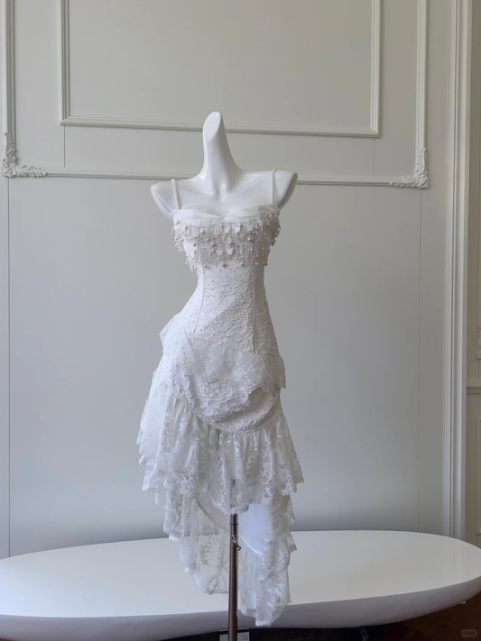 Classy Spaghetti Straps Lace Party Dress White Vacation Dress S481