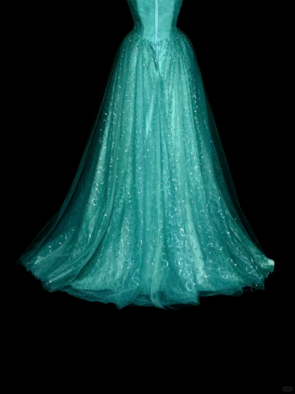 Vintage Sweetheart Neck Green Tulle Sequin Beaded Long Party Dress Evening Dress D5372