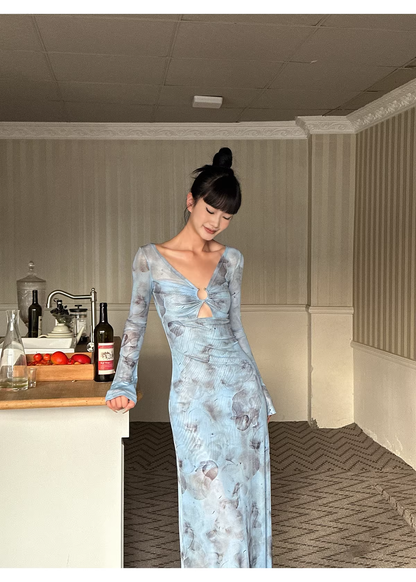 Charming V Neck Blue Lace Sheath Long Evening Dress Formal Wedding Guest Dress D2081