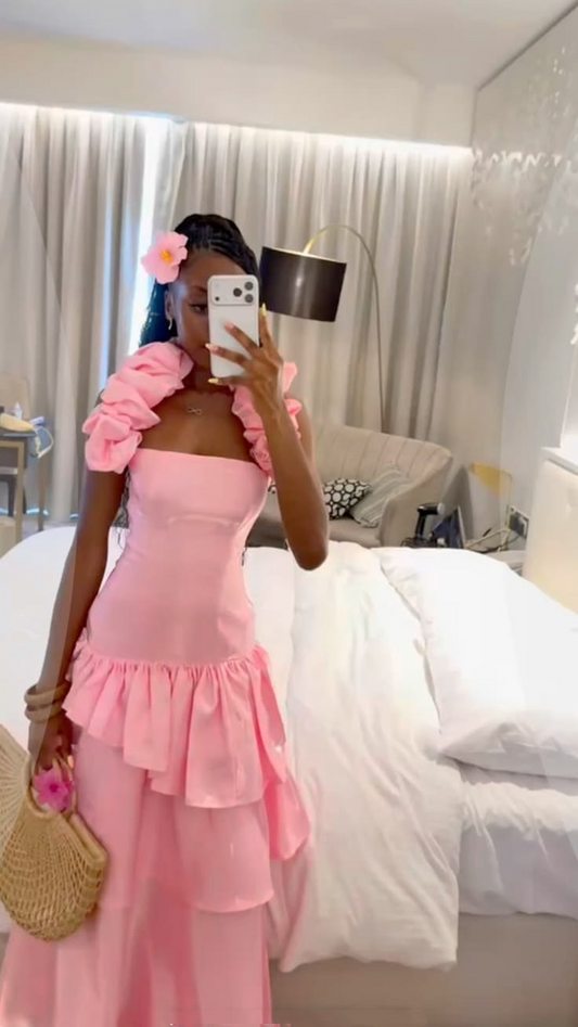 Chic Pink Satin Ruffle Layered Mermaid Long Party Dress,Halter Prom Dress D3546