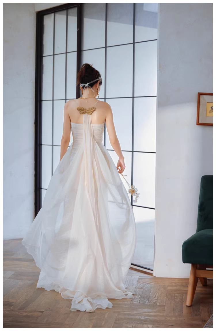 Charming Spaghetti Straps Light Apricot Chiffon Pleated Mermaid Long Evening Dress 18th Birthday Outfits D2451