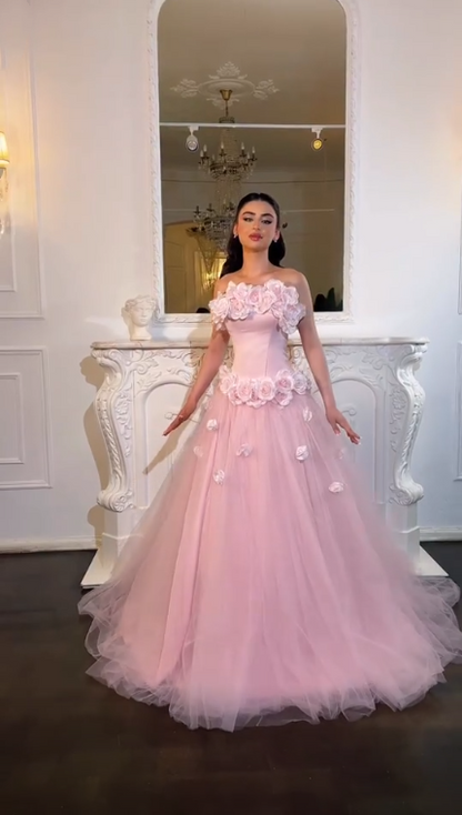 Elegant Pink Strapless 3D Floral Tulle Long Party Dress Evening Dress D3737
