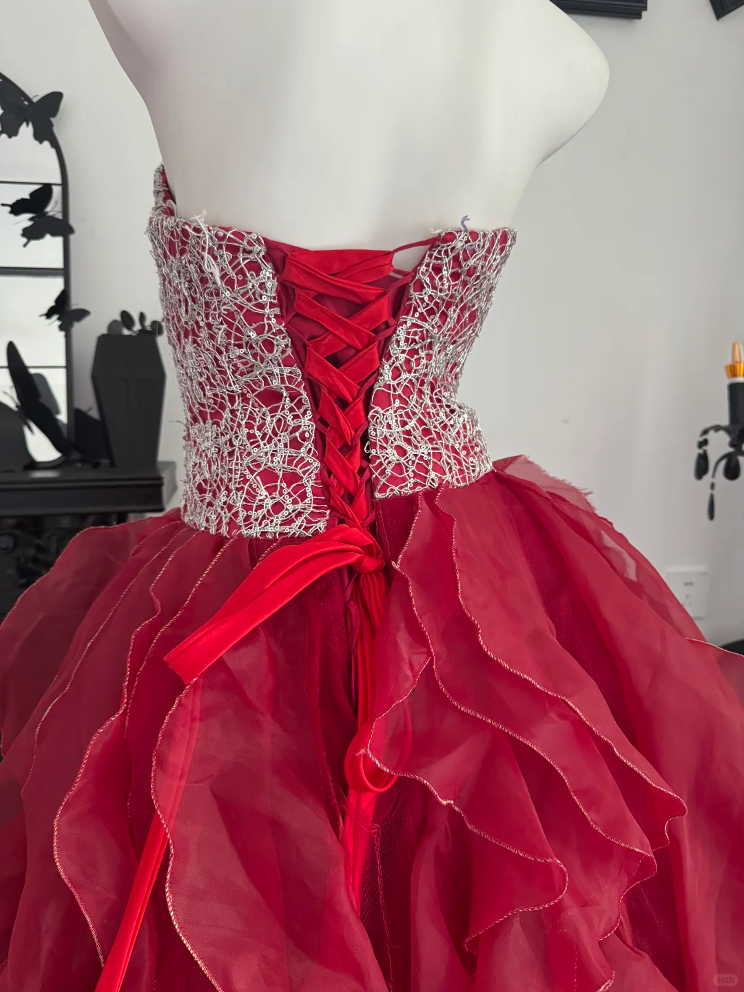 Unique Burgundy Strapless Satin Tulle Ruffles Prom Dress Evening Dress D3723