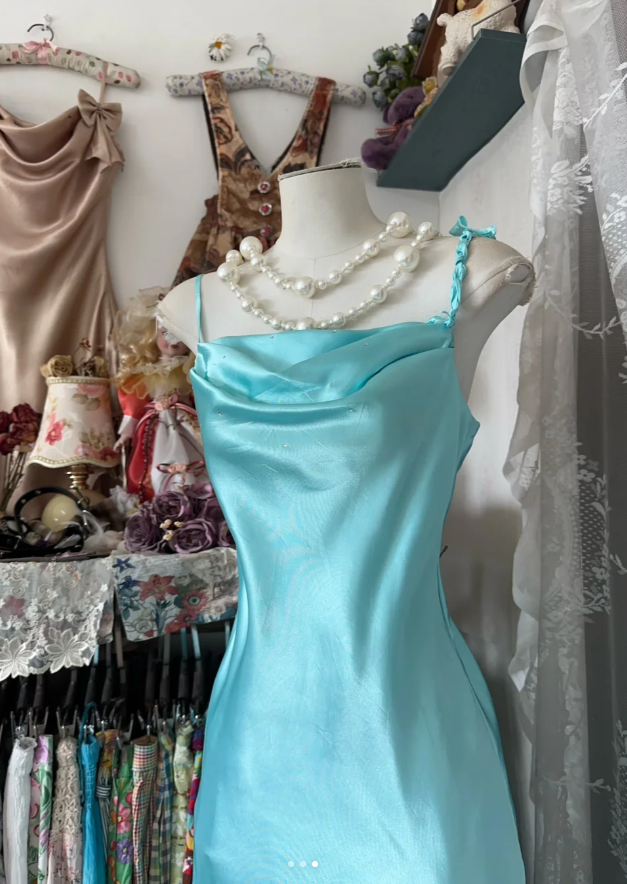 Vintage Spaghetti Strap Blue Satin Mermaid Evening Dress Prom Dress D1241