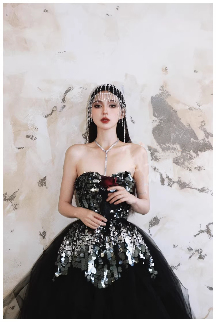 Gorgeous Strapless Black Tulle Sequin A Line Long Evening Dress Birthday Dress D2414