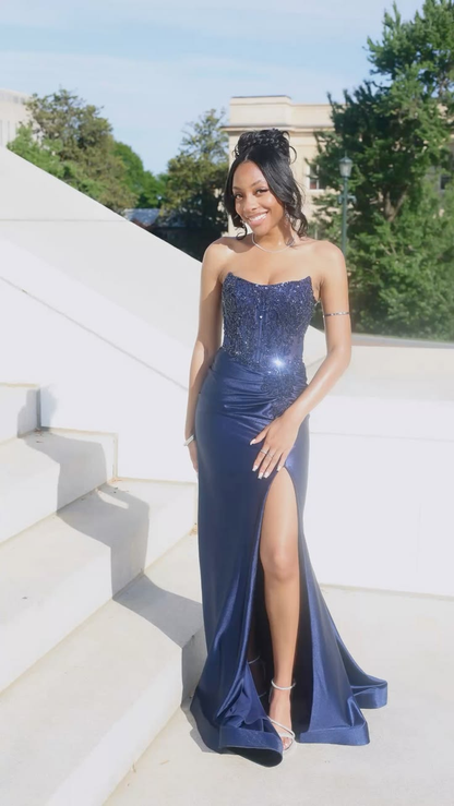 Shiny Strapless Navy Blue Satin Appliques Slit Mermaid Long Evening Dress Party Gowns D5195