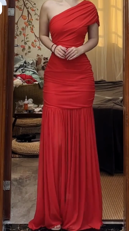 Elegant One Shoulder Red Chiffon Pleated Mermaid Prom Dress Long evening Gown  D1237