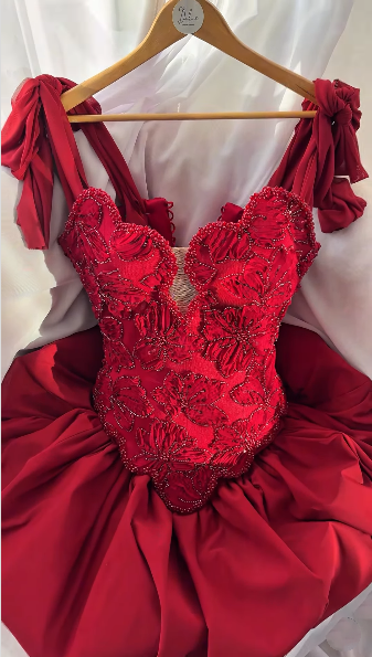 Pretty Red Satin Floral Beaded A Line Short Graduation Homecoming Dress,Formal 15th Birthday Outfits D3824