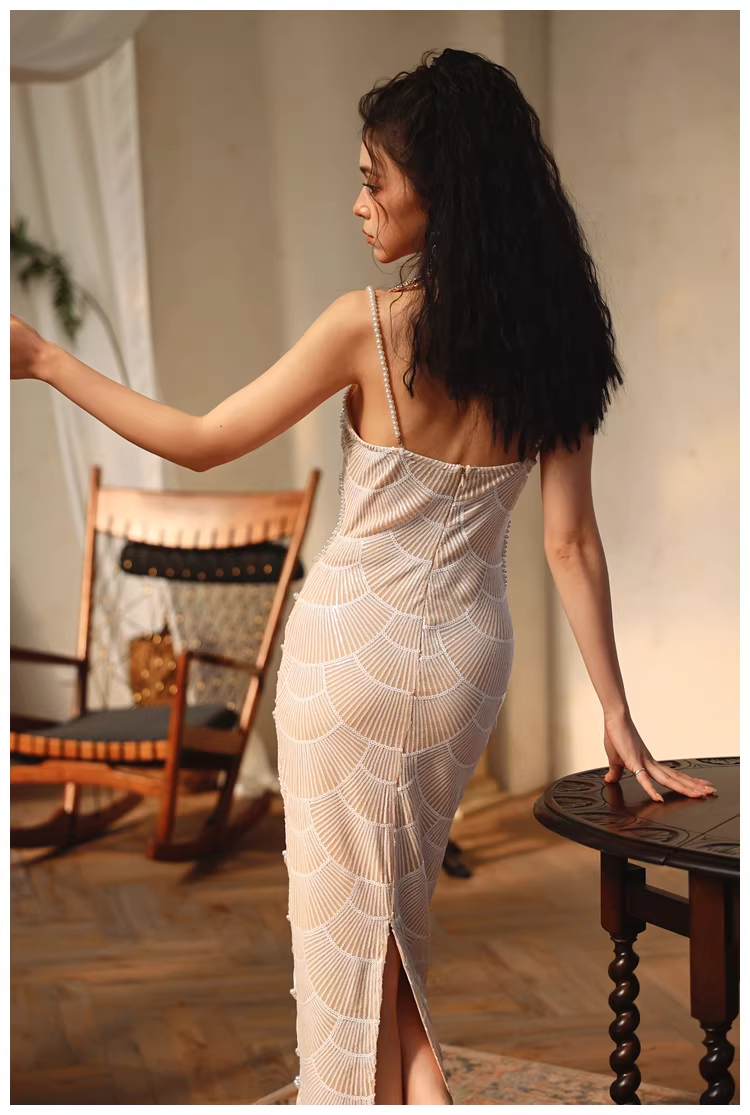 Unique Spaghetti Straps Sequin Pearls Sheath Slit Long Party Dress Birthday Evening Gown D2452