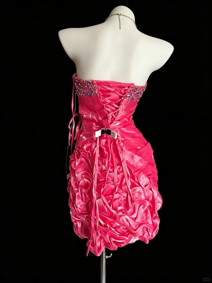Stylish Pink Satin Pleated Beaded Short Homecoming Dress Strapless Sheath Short Cocktail Dress D5265