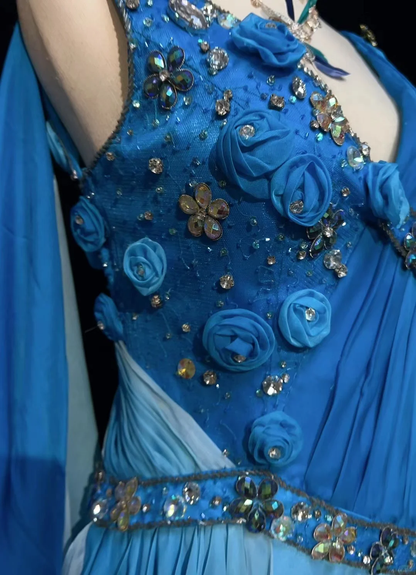 Elegant V Neck Ombre Blue Chiffon Beaded Mermaid Long Party Dress Evening Dress D2847
