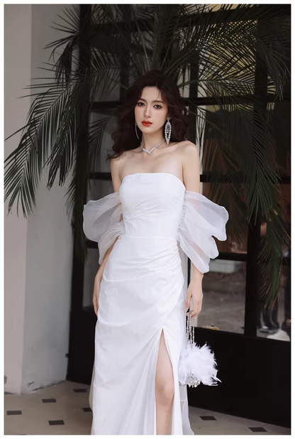 Classy Off The Shoulder White Satin Slit Mermaid Long Party Dress Birthday Evening Dress D2421
