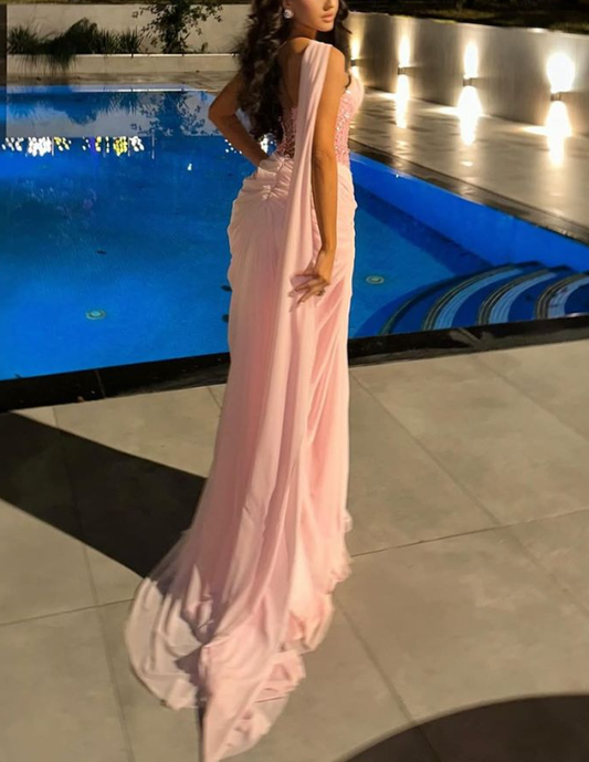 Pretty Pink Chiffon Beaded Mermaid Long Evening Dress Formal Wedding Guest Dress D1814