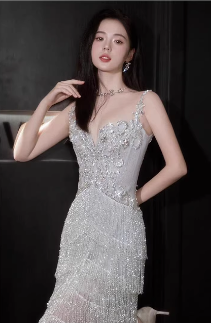 Glitter Spaghetti Straps Silver Satin Beaded Layered Tassel Long Party Dress Evening Gown D2218