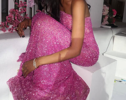 Sparkly Hot Pink Strapless Sequin Mermaid Long Party Dress Evening Dress D4494