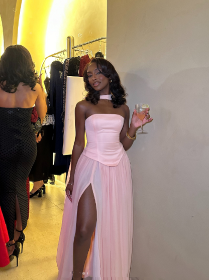 Classy Satin Chiffon Pink Strapless Slit Mermaid Prom Dress Formal Wedding Guest Dress With Ribbon D1083