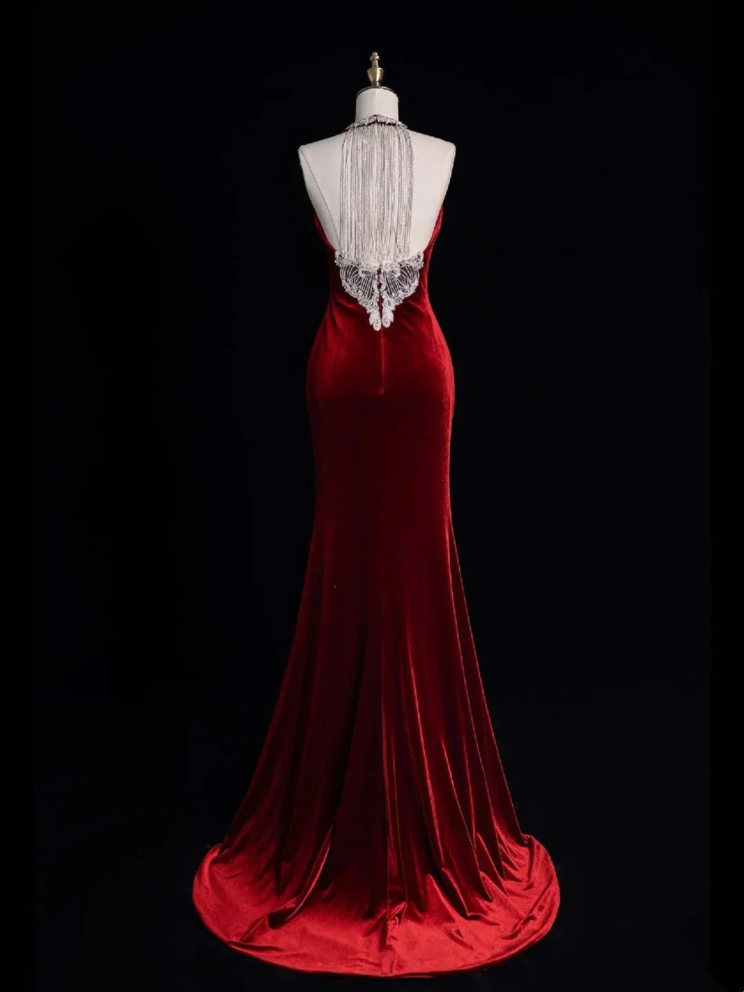 Vintage Halter Burgundy Velvet Mermaid Long Party Dress Birthday Prom Dress With Tassels D4850
